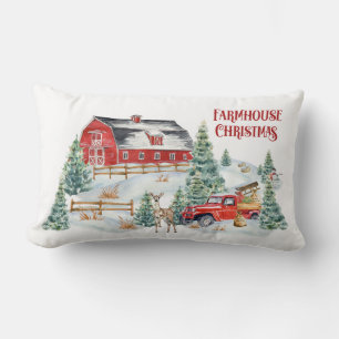 Farmhouse Christmas Barn and Truck Snow Scene Lumbar Cushion