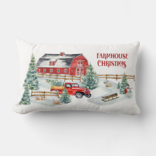 Farmhouse Christmas Barn and Truck Snow Scene Lumbar Cushion