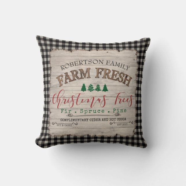 Farmhouse Christmas Buffalo Plaid Tree Farm Family Cushion (Front)