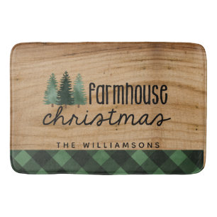 Farmhouse Christmas Country Plaid Family Name Wood Bath Mat