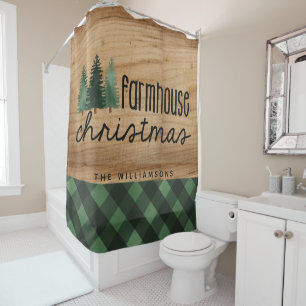 Farmhouse Christmas Country Plaid Family Name Wood Shower Curtain