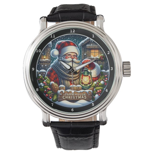 Farmhouse Christmas Eve" - Vintage Santa Wall  Watch (Front)