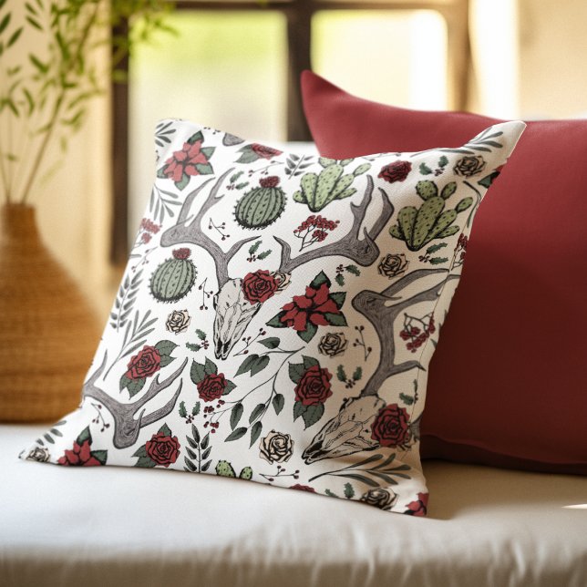 Farmhouse Christmas Floral Deer Skull Antlers Cushion (Festive Southwestern Christmas Pillow. Chic Deer Skull, Antlers, Red Roses, Cacti & Poinsettias.)