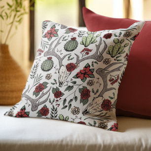 Farmhouse Christmas Floral Deer Skull Antlers Cushion