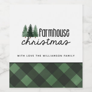 Farmhouse Christmas Green Plaid Family Name   Gift Wine Label