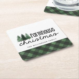 Farmhouse Christmas Plaid Family Name Coaster 