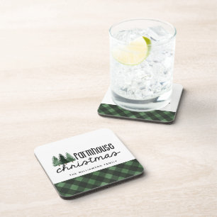 Farmhouse Christmas Plaid Family Name Coaster Set