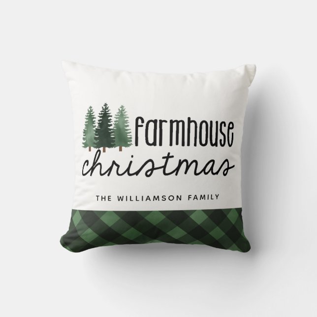 Farmhouse Christmas Plaid Family Name  Cushion (Front)