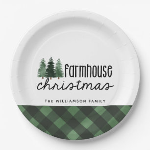 Farmhouse Christmas Plaid Family Name Paper Plate