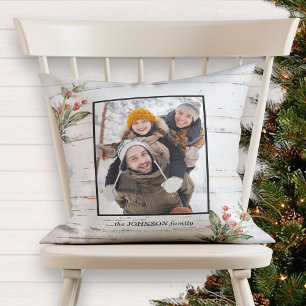 Farmhouse Christmas Plaid Winter Berry Photo Cushion