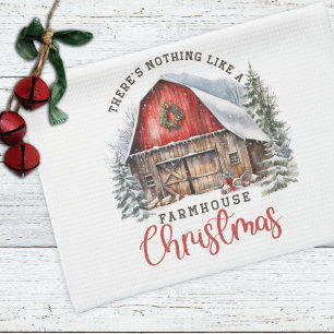 Farmhouse Christmas Red Barn Christmas  Tea Towel