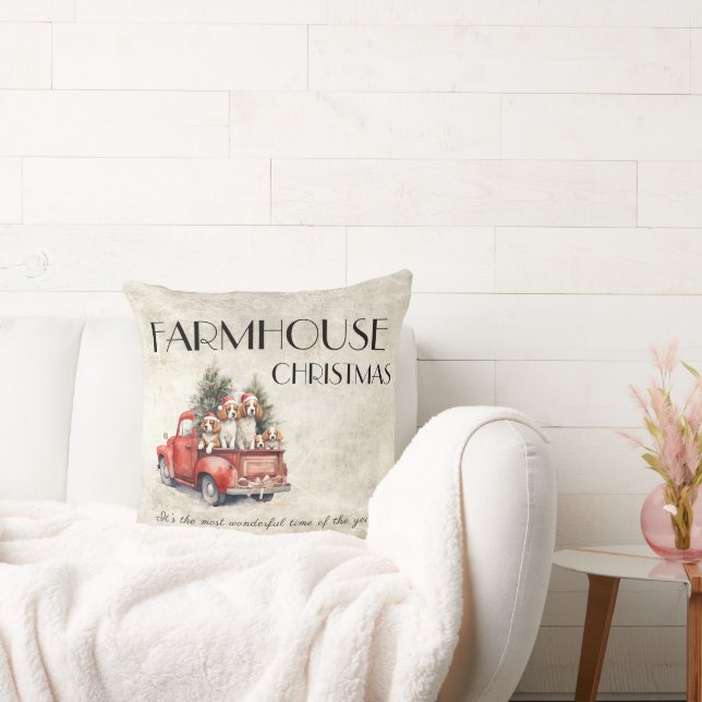 Farmhouse Christmas Red Truck Dogs Rustic Cushion (Couch)
