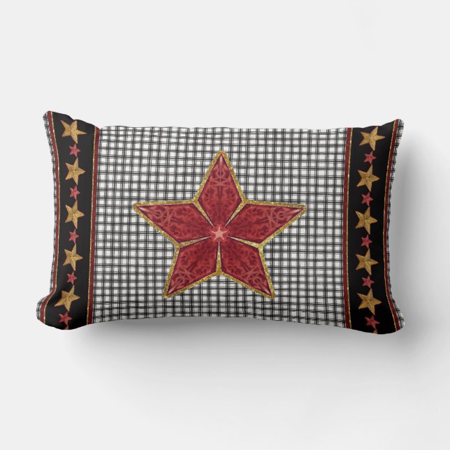 Farmhouse Christmas Star Art Ticking Stripe Plaid Lumbar Cushion (Front)