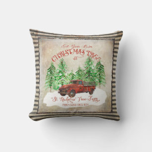 Farmhouse Christmas Tree Farm Red Truck Vintage Cushion