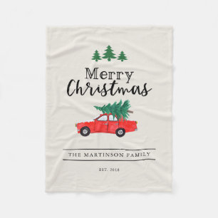 Farmhouse Christmas Tree on Red Car Fleece Blanket