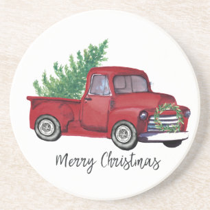 Farmhouse Christmas watercolor red truck Coaster