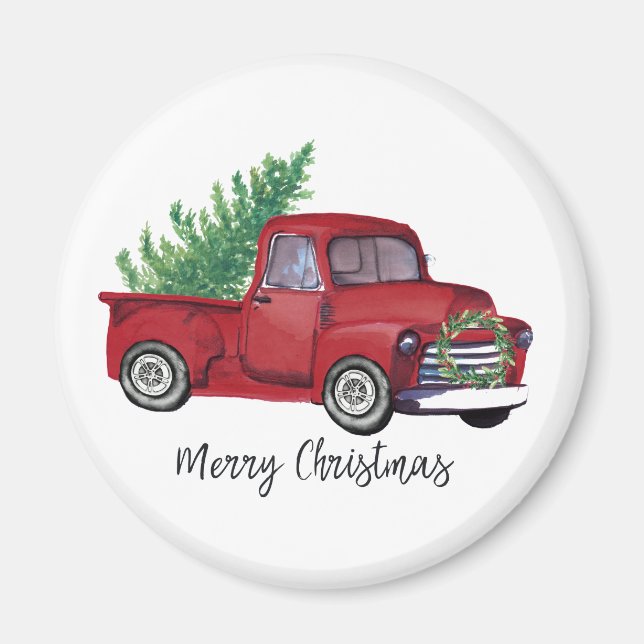 Farmhouse Christmas watercolor red truck Magnet (Front)
