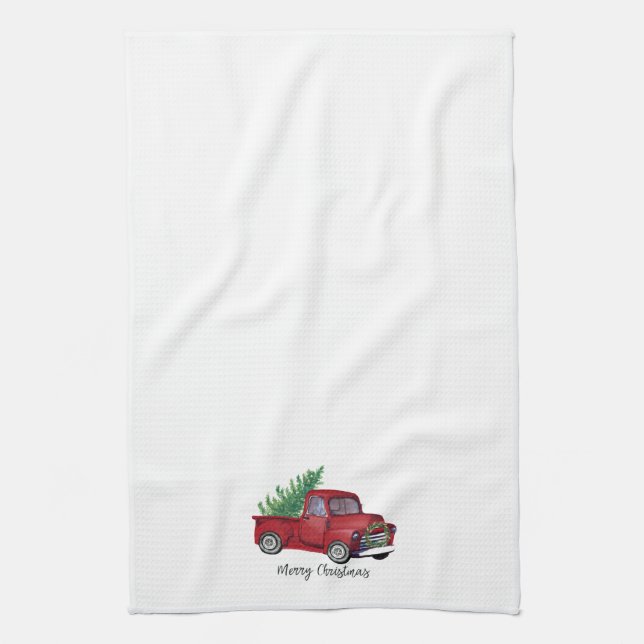Farmhouse Christmas watercolor red truck Tea Towel (Vertical)