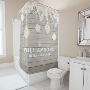 Farmhouse Christmas Wood Pine Family Name Shower Curtain