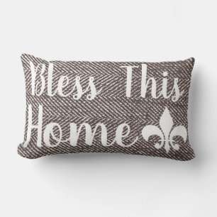 Farmhouse Coffee Brown Herringbone Bless This Home Lumbar Cushion