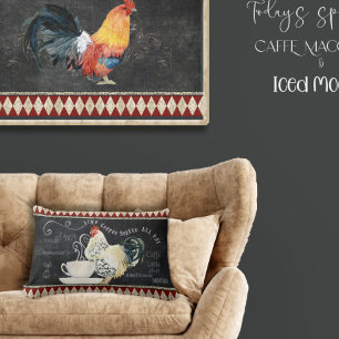 Farmhouse Coffee Kitchen Rooster Chalk Red Black Lumbar Cushion