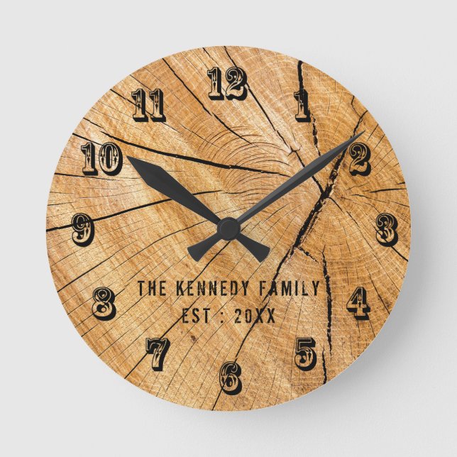 Farmhouse Country Style Family Name Tree Trunk Round Clock (Front)