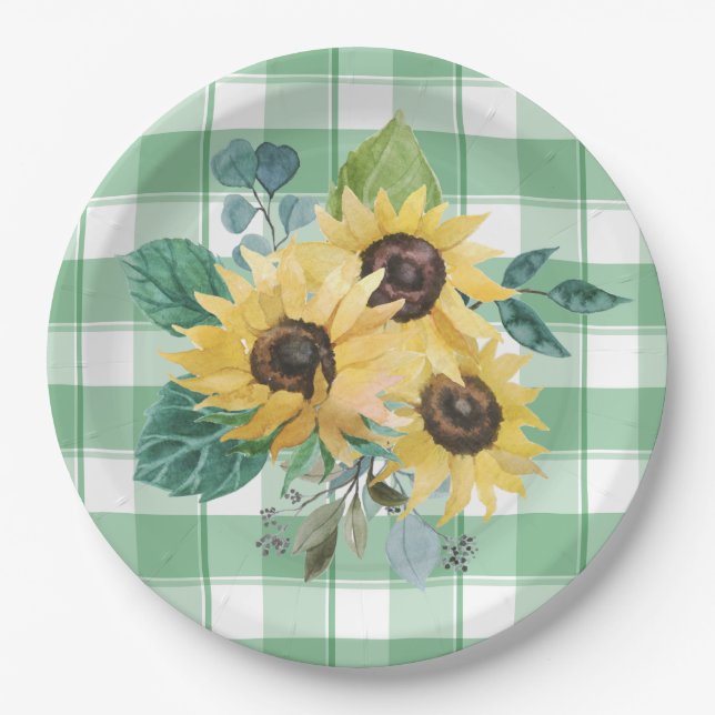 Farmhouse Country Sunflower Green Checks  Paper Plate (Front)
