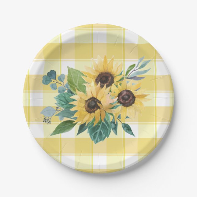 Farmhouse Country Sunflower Yellow Checks Paper Plate (Front)