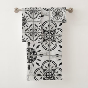 Farmhouse Damask Tile Pattern Diamond Leaf Scroll Bath Towel Set