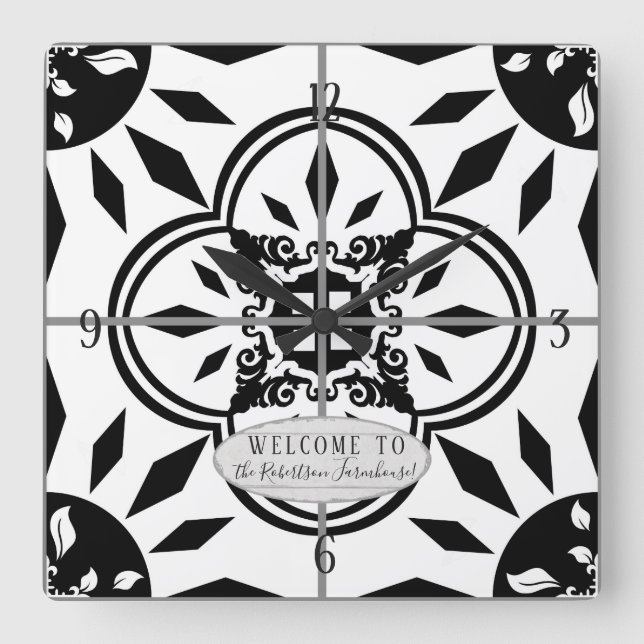 Farmhouse Damask Tile Pattern Wood Family Name Square Wall Clock (Front)