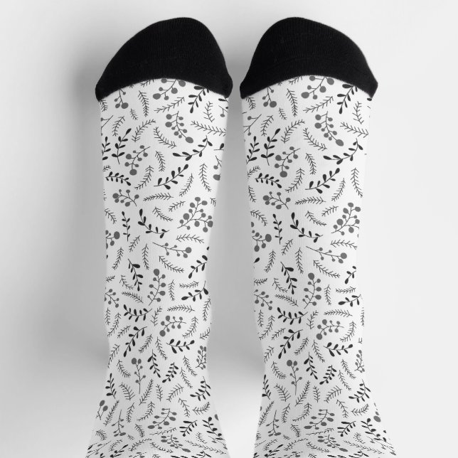 Farmhouse dark grey white rustic foliage pattern socks (Top)