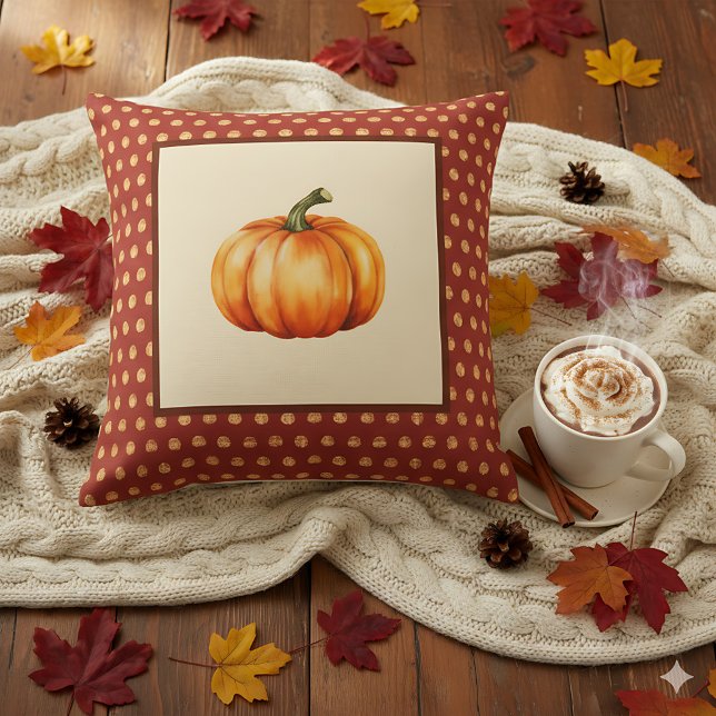 Farmhouse Fall Decor with Pumpkin - Retro Autumn  Cushion (Decorative pumpkin pillow with fall leaves background.)