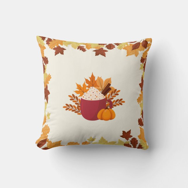 Farmhouse Fall Mug with Autumn Leaves and Pumpkin Cushion (Front)