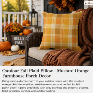 Farmhouse Fall Plaid Mustard Orange Porch Outdoor Cushion