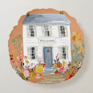 Farmhouse Fall Porch Monogram Round Cushion