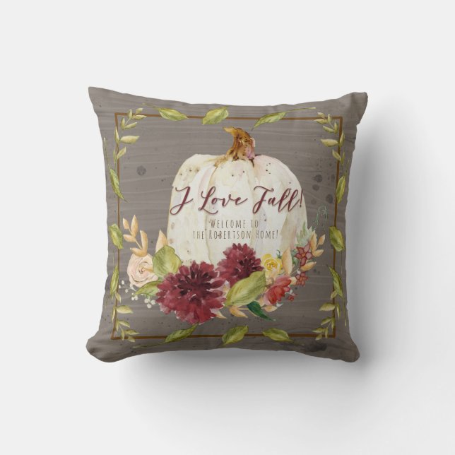 Farmhouse Fall White Pumpkin Burgundy Grey Floral Cushion (Front)