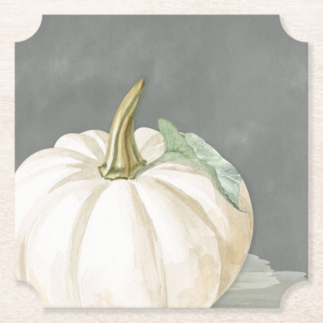 Farmhouse fall white pumpkin paper coaster (Front)