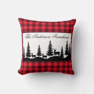 Farmhouse Family Name Buffalo Plaid and Deer Cushion