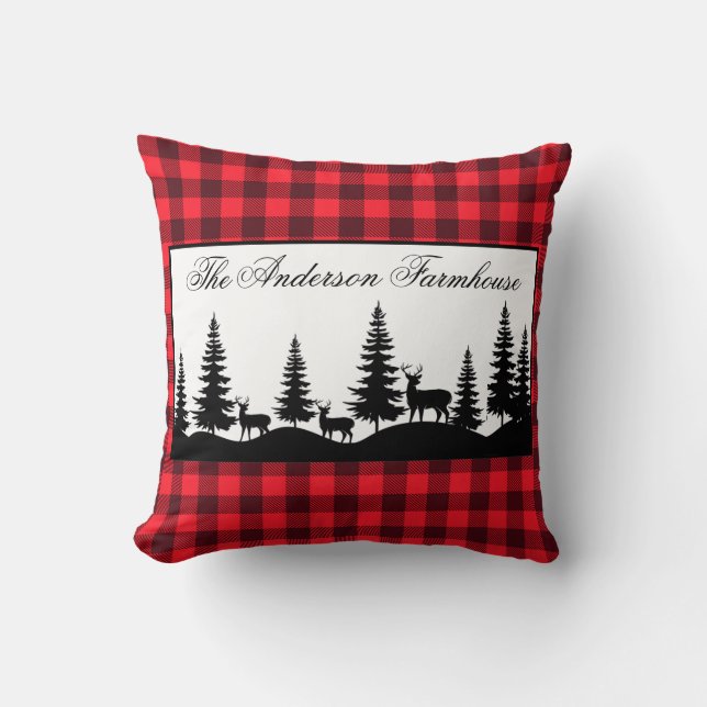 Farmhouse Family Name Buffalo Plaid and Deer  Cushion (Front)
