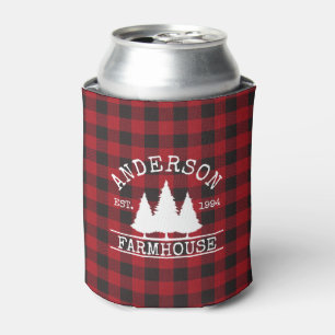 Farmhouse Family Name Red Buffalo Plaid Can Cooler