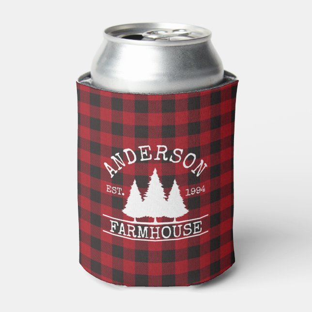 Farmhouse Family Name Red Buffalo Plaid Can Cooler (Can Front)