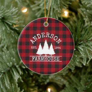 Farmhouse Family Name Red Buffalo Plaid Ceramic Ornament