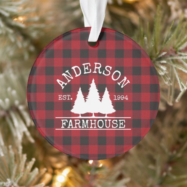 Farmhouse Family Name Red Buffalo Plaid Ornament (Tree)