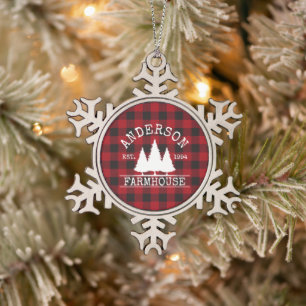 Farmhouse Family Name Red Buffalo Plaid Snowflake Pewter Christmas Ornament
