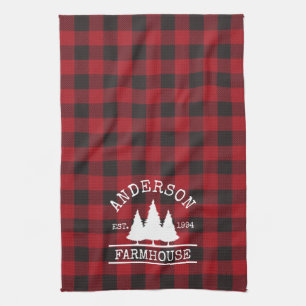 Farmhouse Family Name Red Buffalo Plaid Tea Towel