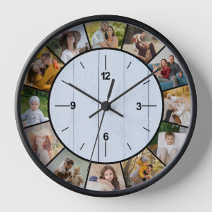 Farmhouse Faux Blue Wood Fence 12 Photo Collage Clock