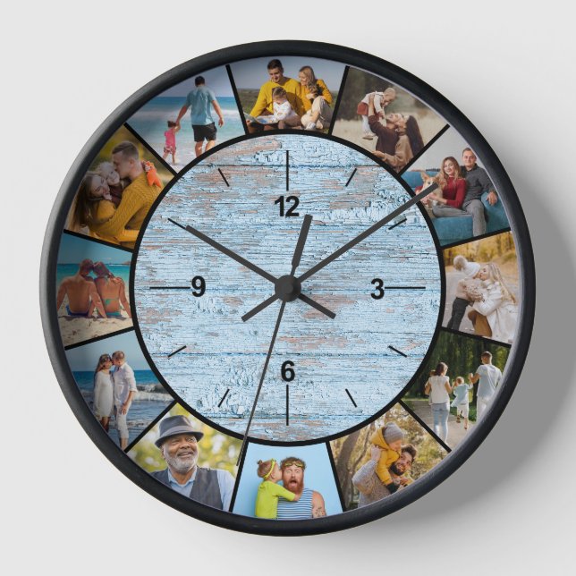 Farmhouse Faux Blue Wood Fence 12 Photo Collage   Clock (Front)