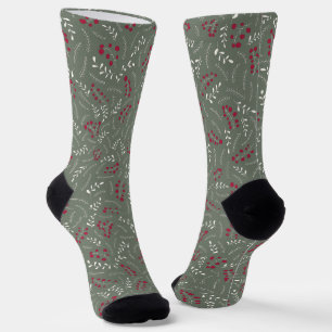 Farmhouse fir spruce green rustic foliage pattern socks