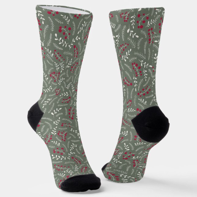 Farmhouse fir spruce green rustic foliage pattern socks (Angled)
