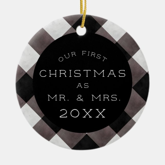 Farmhouse First Christmas Mr & Mrs Newlywed Photo Ceramic Ornament (Front)